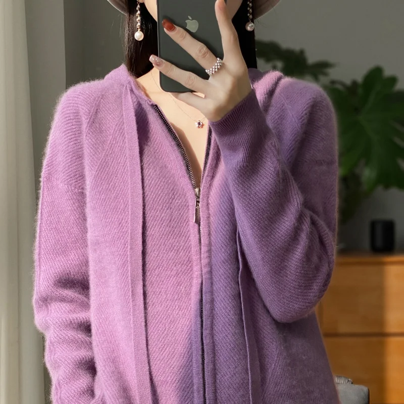 秋と冬のクラシック女性のニットウールパーカー長袖ジッパーセーター通気性ソフトルーズ高品質トップ