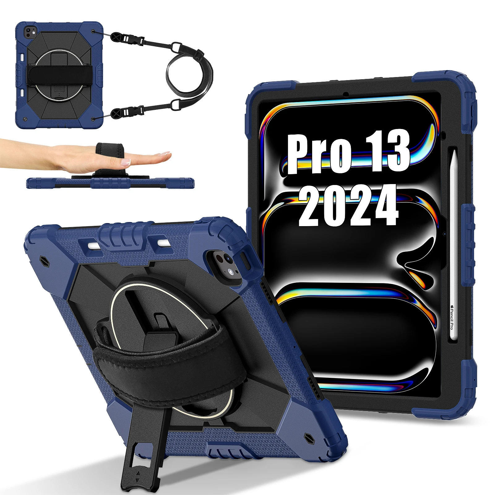 

Вращающийся на 360° чехол-подставка для iPad Pro 13 2024 M4, модель A2926 A2925 A3007, сверхпрочный чехол с плечевым ремнем, противоударный чехол