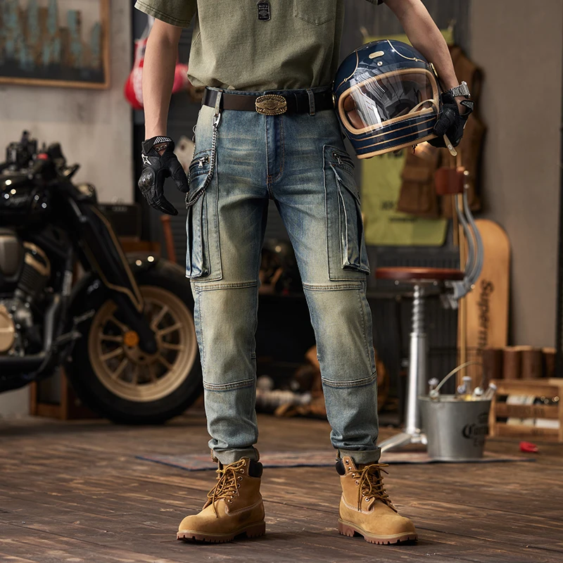 Workwear Design Jeans Men's Motorcycle Fashion Fashion Elastic Slim Fit Multi-Pocket Vintage Distressed Skinny Trousers