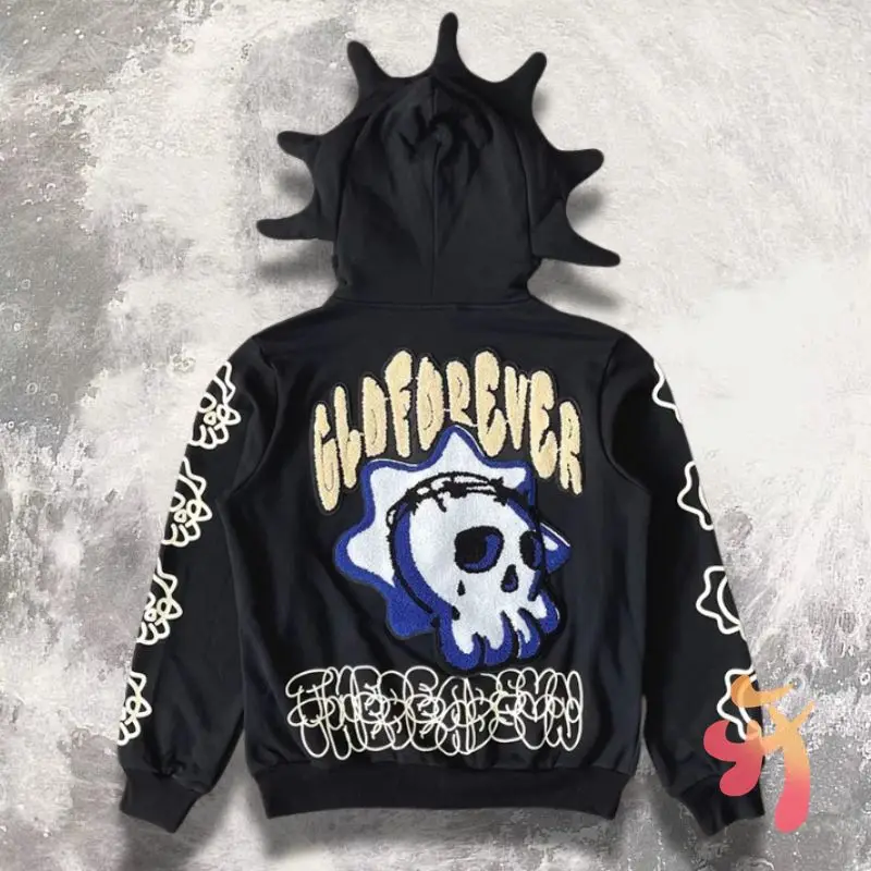 Winter Hiphop Street Glo Gang The Glory Jackets Towel Embroidered Skull Joker Zippered Hoodie Men Women Black Sweatshirts