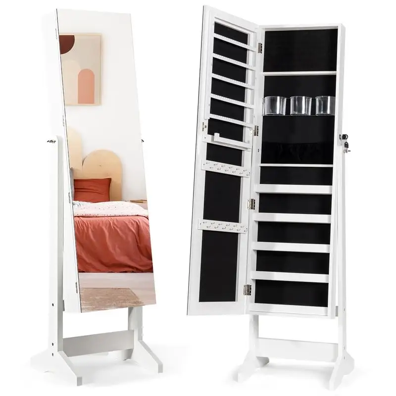 Armoire à bijoux sur pied avec miroir pleine longueur - Blanc