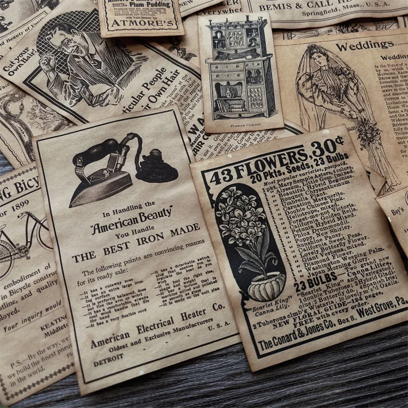 16 Pcs Vintage Coffee Dyed Lady Photo Retro Newspaper Advertisement Junk Journal Ephemera DIY Scrapbooking Material Paper Pack