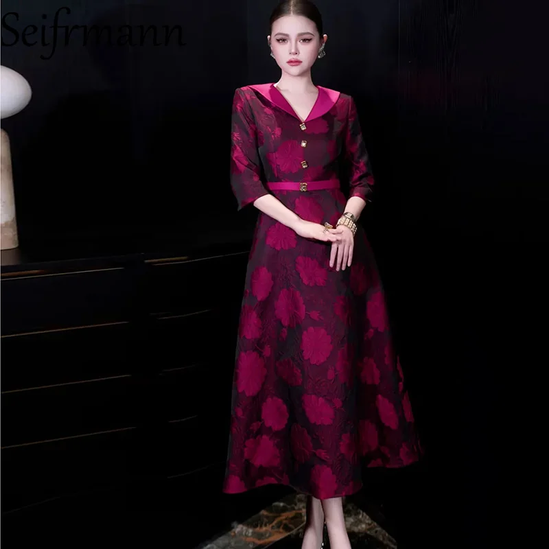 Seifrmann 2026 Spring Women's clothing New Fashionable v Collar with Seven Sleeve Printed Waist cinching Dress