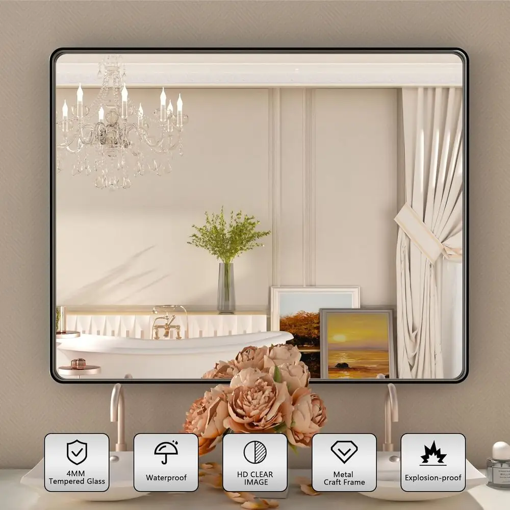 Afgeronde rechthoekige make-upspiegel met zwart metalen frame, 40x38, gehard glas, boerderijstijl, roestbestendig, hangt horizontaal of