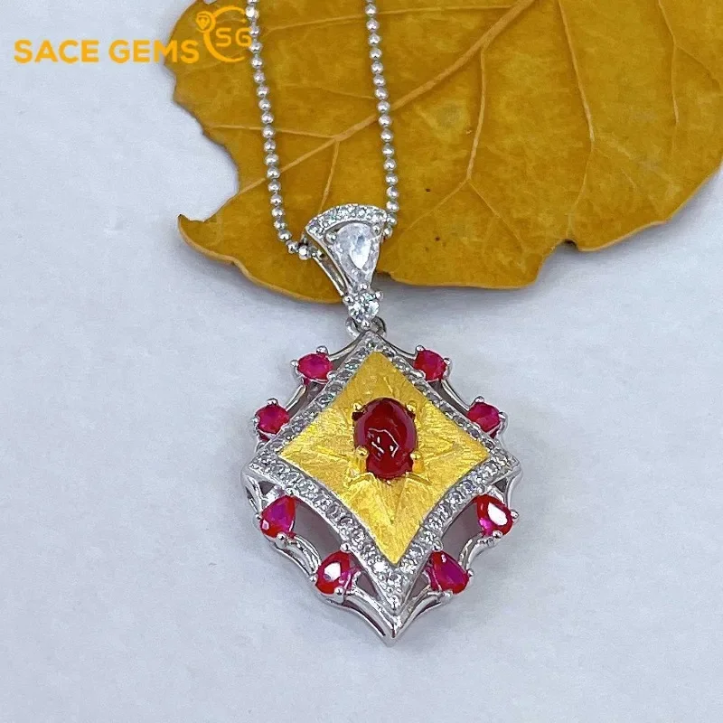 

SACEGEMS Luxury 100% 925 Sterling Silver 4*6MM Natual Ruby Pendant Necklaces for Womne Wedding Party Birthday Fine Jewelry Gift