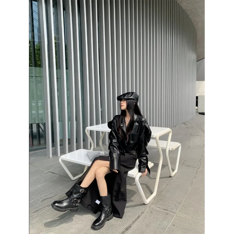 Shpmishal Fashionable and High-end Leather Jacket 2024 Women's Autumn New Style Split Skirt Two-piece Set Female Clothing