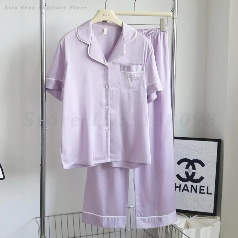 

Silk Satin Thin Sleepwear 2025 New Short Sleeved Top&Trouser 2PCS Pajamas Set Spring Summer Loose Casual Home Clothes Loungewear