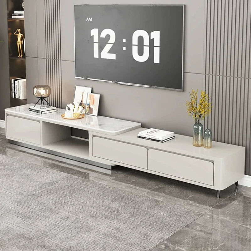 F*- Stretchable Sintered Stone With Multi Drawers, Adjustable Length Low Modern Retractable TV Stand,