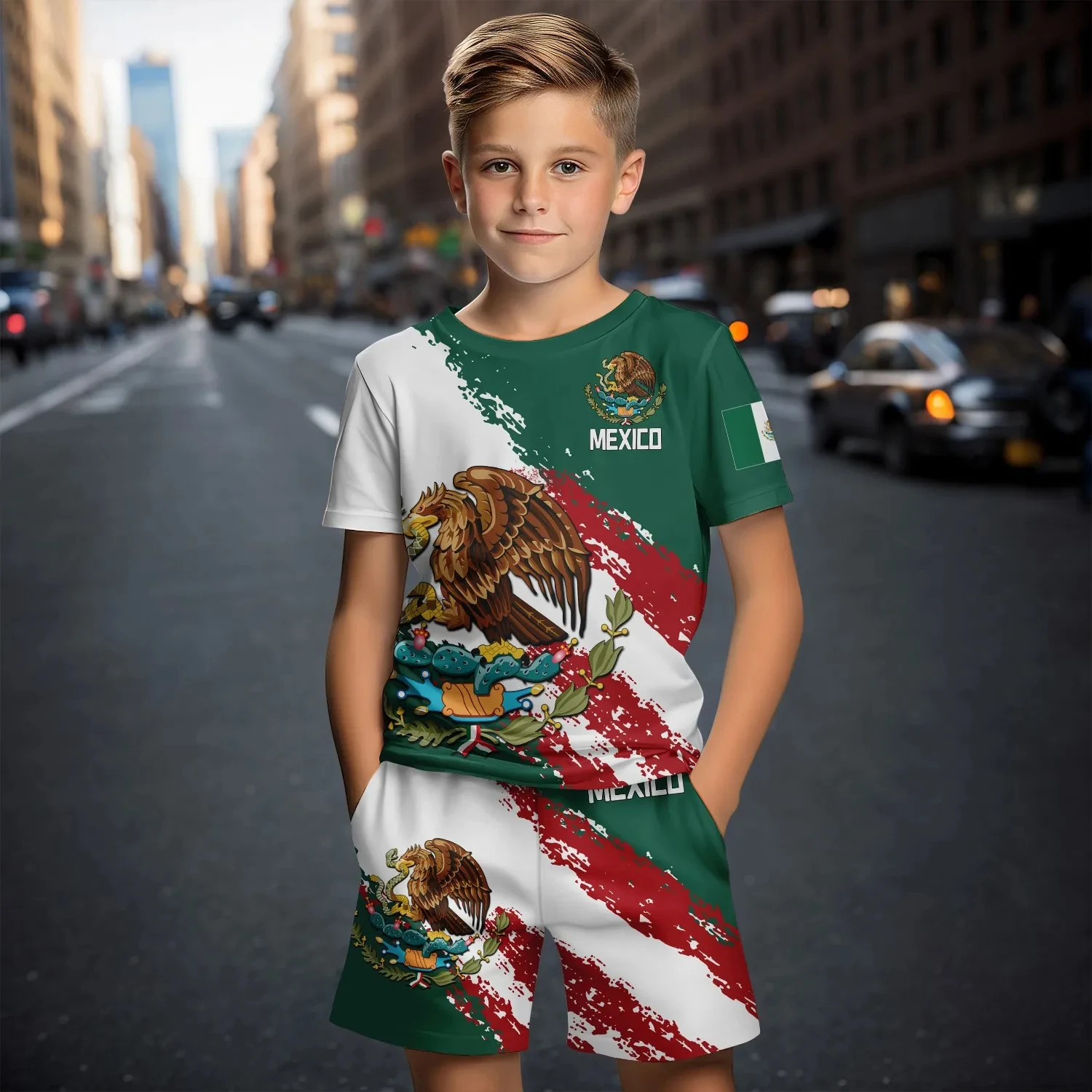 Summer New Children\'s Clothing Set 3d Printed Mexican Independence Day Boys Shorts + Short-Sleeved T-Shirt Casual Clothing