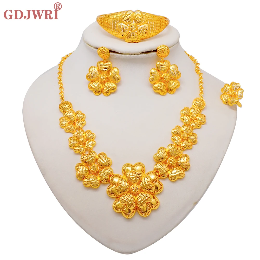 

Fine Ethiopian Gold Color Flower Earring Necklace Bracelet Ring Jewelry Set For Women Bridal Dubai African Jewellery Party Gift