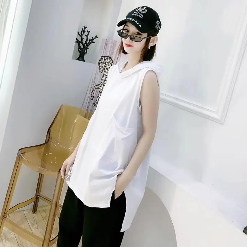 Summer New Loose Pocket Patchwork Hooded Vest Sleeveless Solid Simplicity All-match T Shirt Tops Casual Fashion Women Clothing