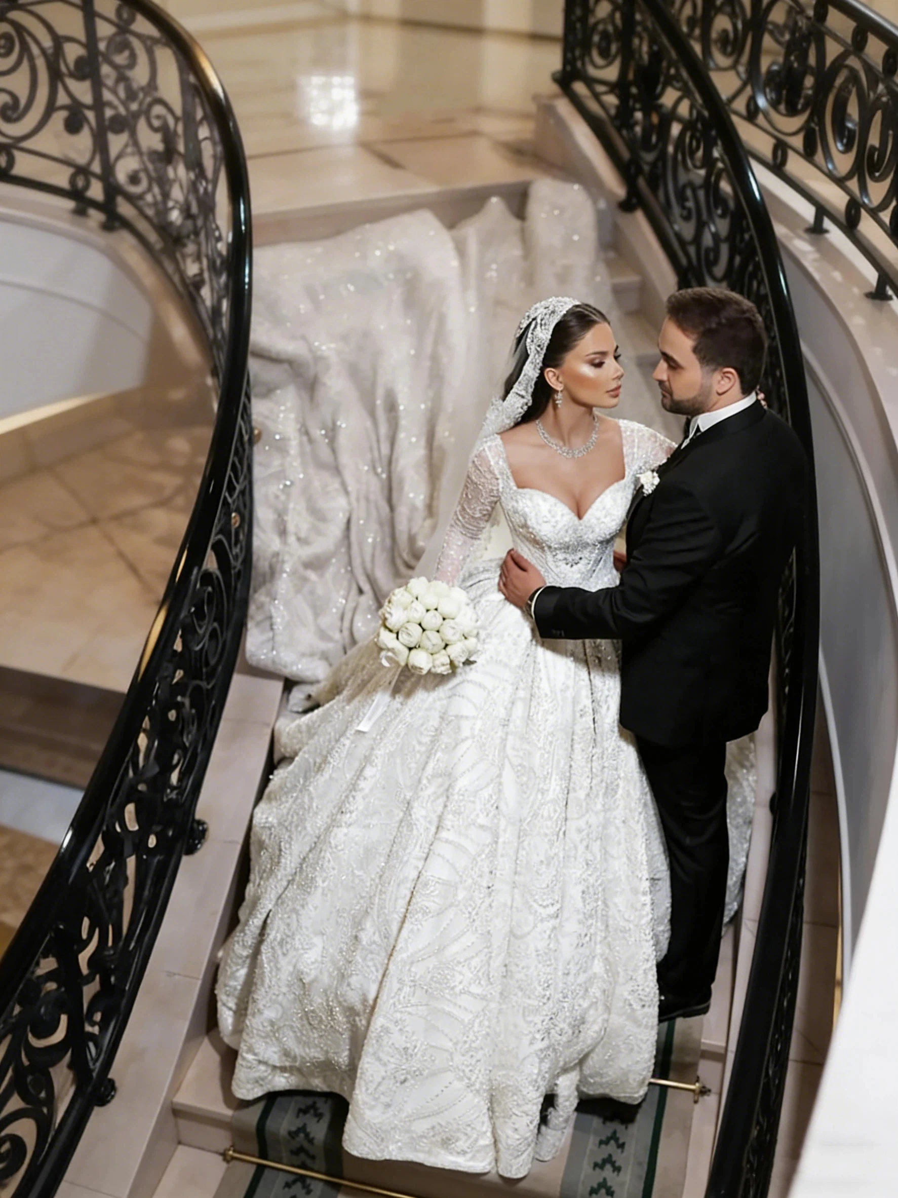 Luxurious Sparkling Lace Crystal Bead Decoration Wedding Dress Sexy High Collar Long Sleeve Auditorium Bridal Dress Customized