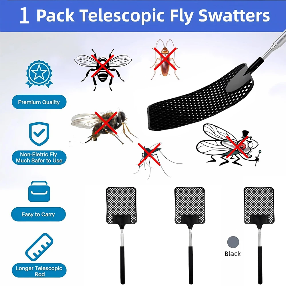 1 Pack Of Black Creative Fly Swatter Mosquito Swatter Stainless Steel Expansion Design Fly Repellent Supplies