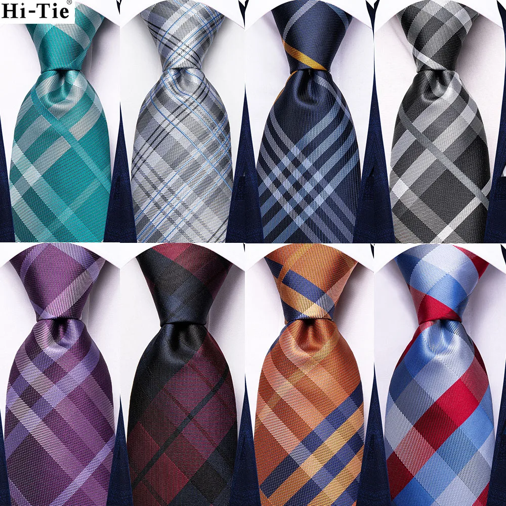 

Orange Blue Plaid Hi-Tie Designer Silk Wedding Tie For Men Handky Cufflink Gift Mens Necktie Fashion Business Party Dropshiping