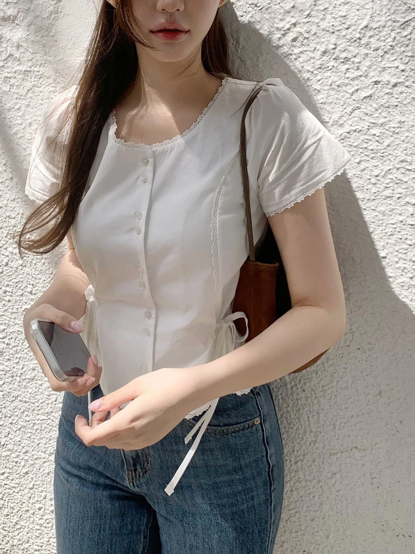 

Sweet Lace Trim ort Sve irt Belted Waist Slim Fit Korean Sle Button Detail Cotton Blend Summer UV Protection Top