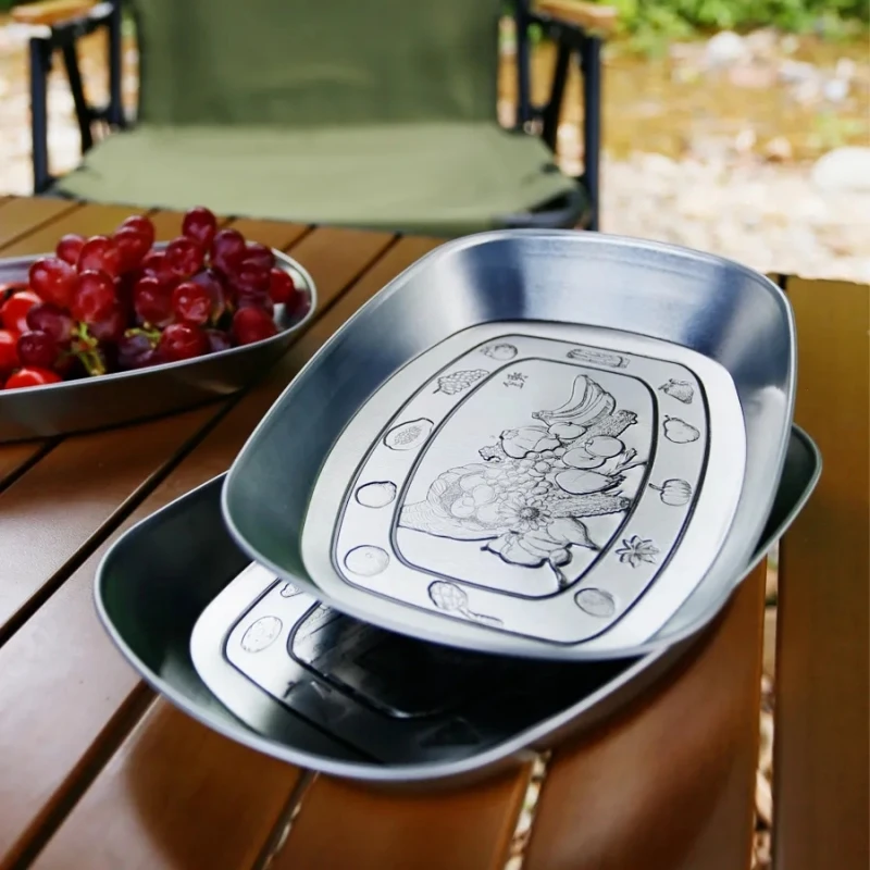 

Outdoor Camping Fruit Plate European Retro tinplate Camping Tableware Self Drive Portable Camping BBQ Plate Stainless Steel