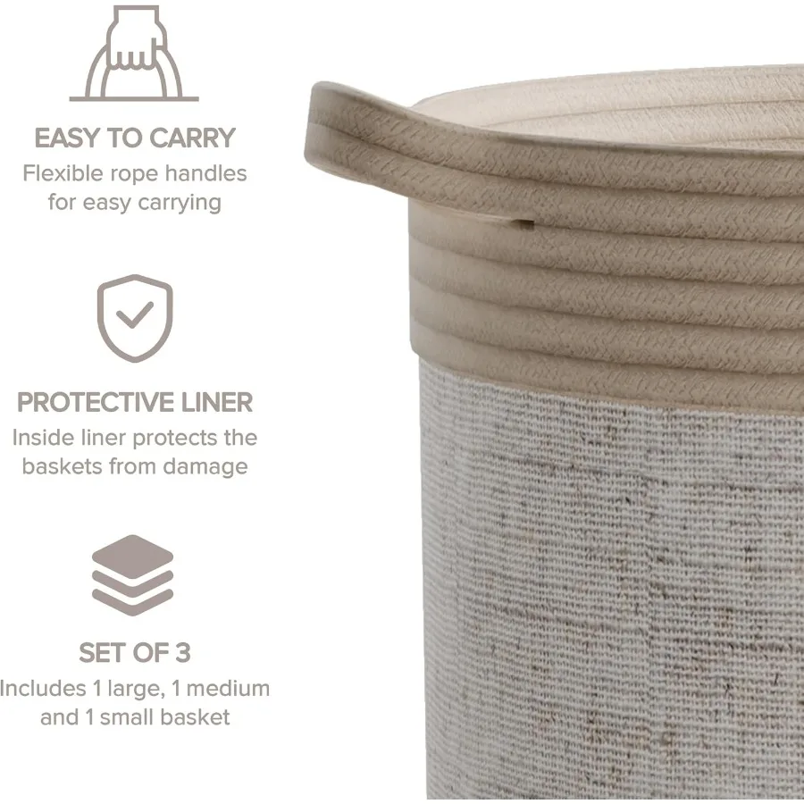 Cestas de armazenamento decorativas para vida selvagem - conjunto de 3 com alça para fácil transporte em marfim, bronzeado e linho