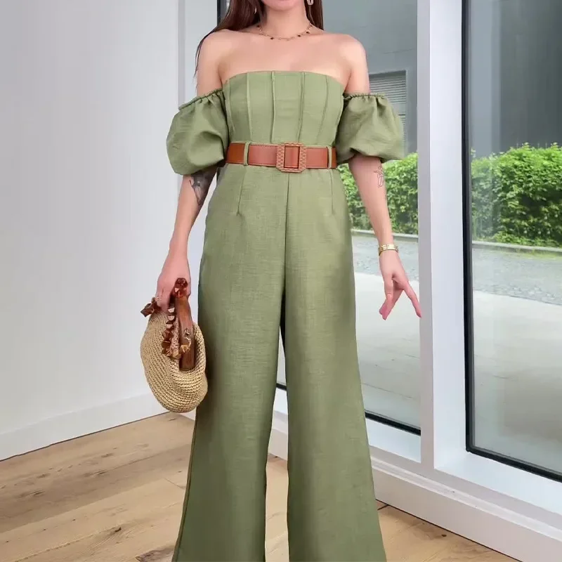 

Women Rompers One Piece Slash Neck Jumpsuit Backless Overalls Solid Wide Leg Pants Pockets Spliced Casual High Waist Sashes