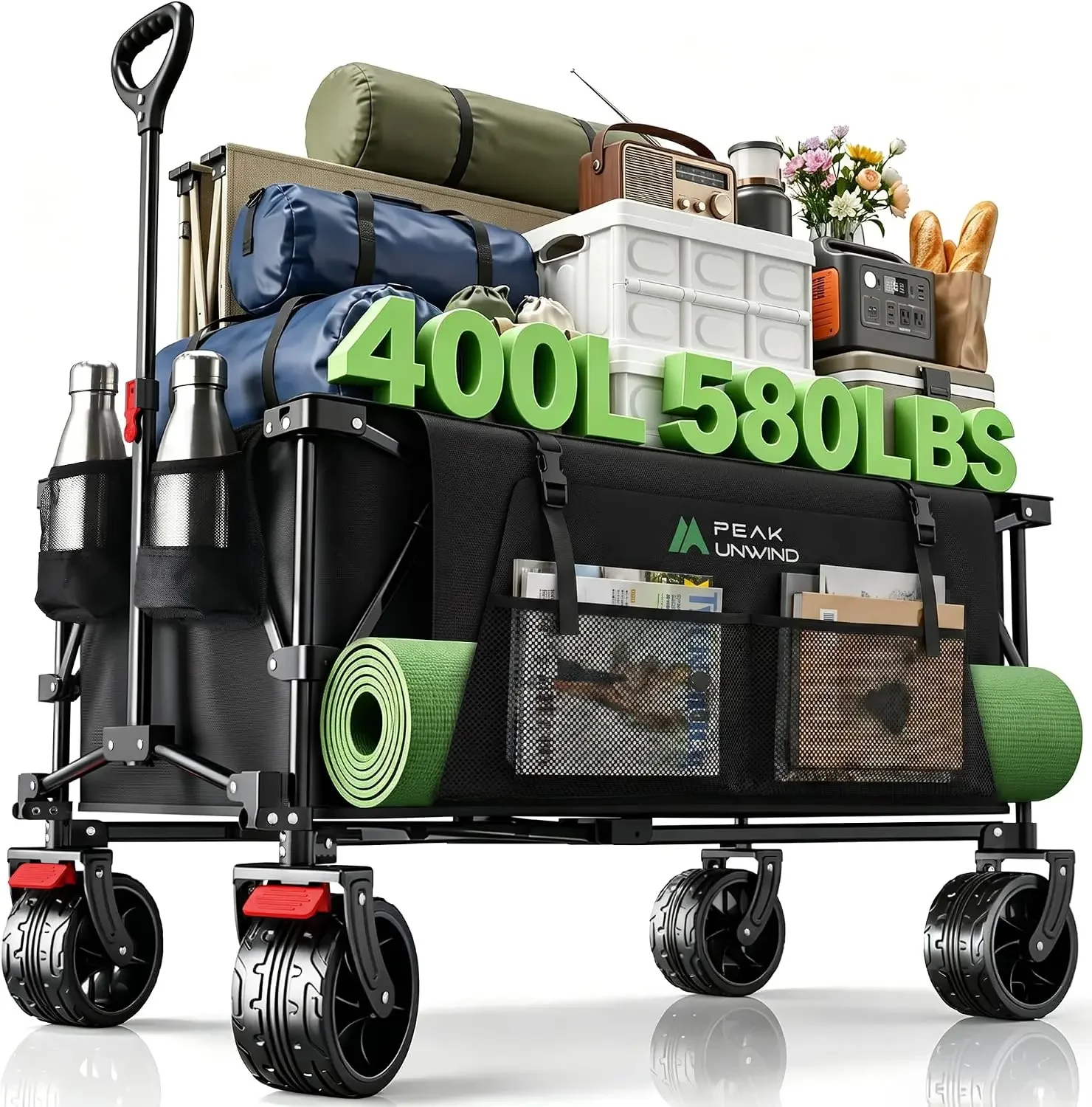 400L Folding Wagon Cart with Brakes & Removable Table, 580lbs Heavy Duty Collapsible Wagon, Big All-Terrain Wheels