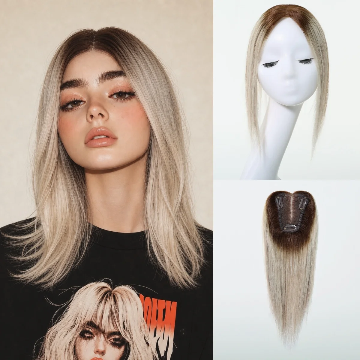 100% Human Hair Topper for Women 12 Inch, Lace Base 3 Clips Hairpiece for Thinning Hair Natural Center Part Ombre Blonde
