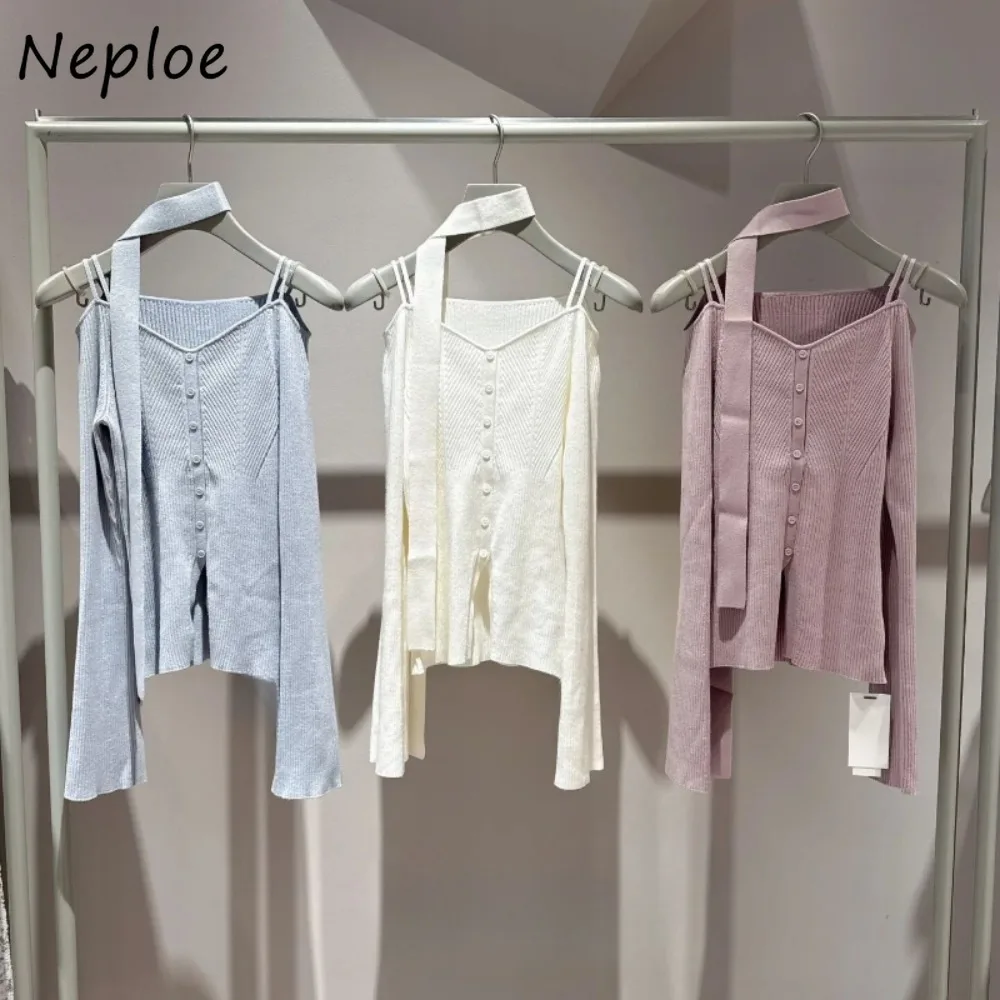 

Neploe Halter Off Shoulder Slim Patchwork Cardigan Bow Lace Up Knit Long Sleeve Jumper Japan French All-match Gentle Sweaters