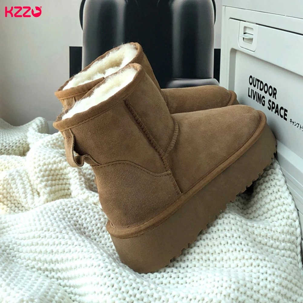 KZZO Women\'s Snow Boots Platform Fur Winter Genuine Sheepskin Leather Australia Ankle Natural Wool Lined Warm Shoes Waterproof