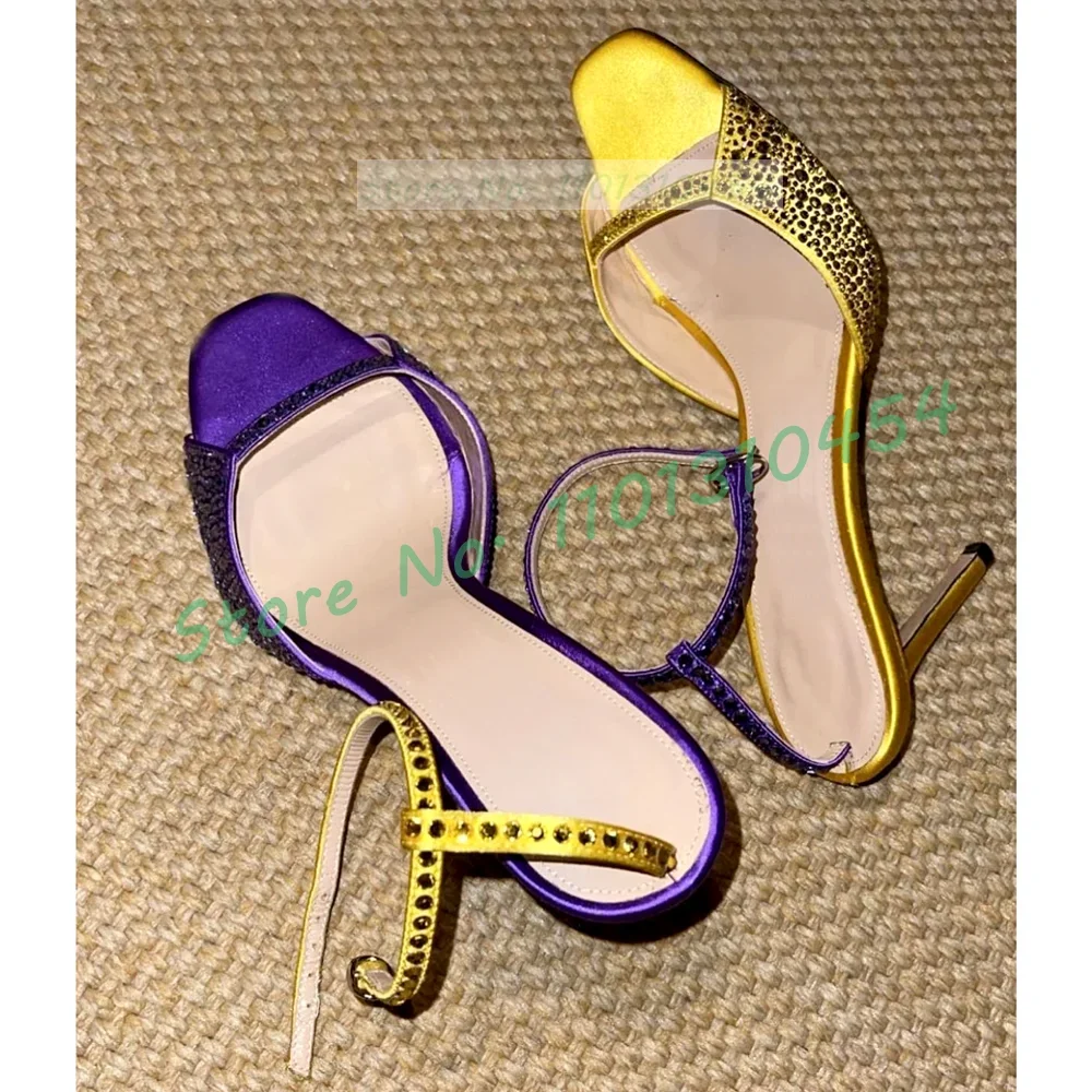 

Multi-color Satin High Heels Sandals Women Luxury Rhinestones Round Toe Party Thin Heel Ladies Sparkling Ankle T-strap New Shoes