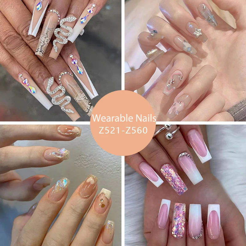 

40 Styles Diamond Extended Full Cover False Nail Simple French Burst Flash Shard Shiny Gold Foil Wearable Press On Nails