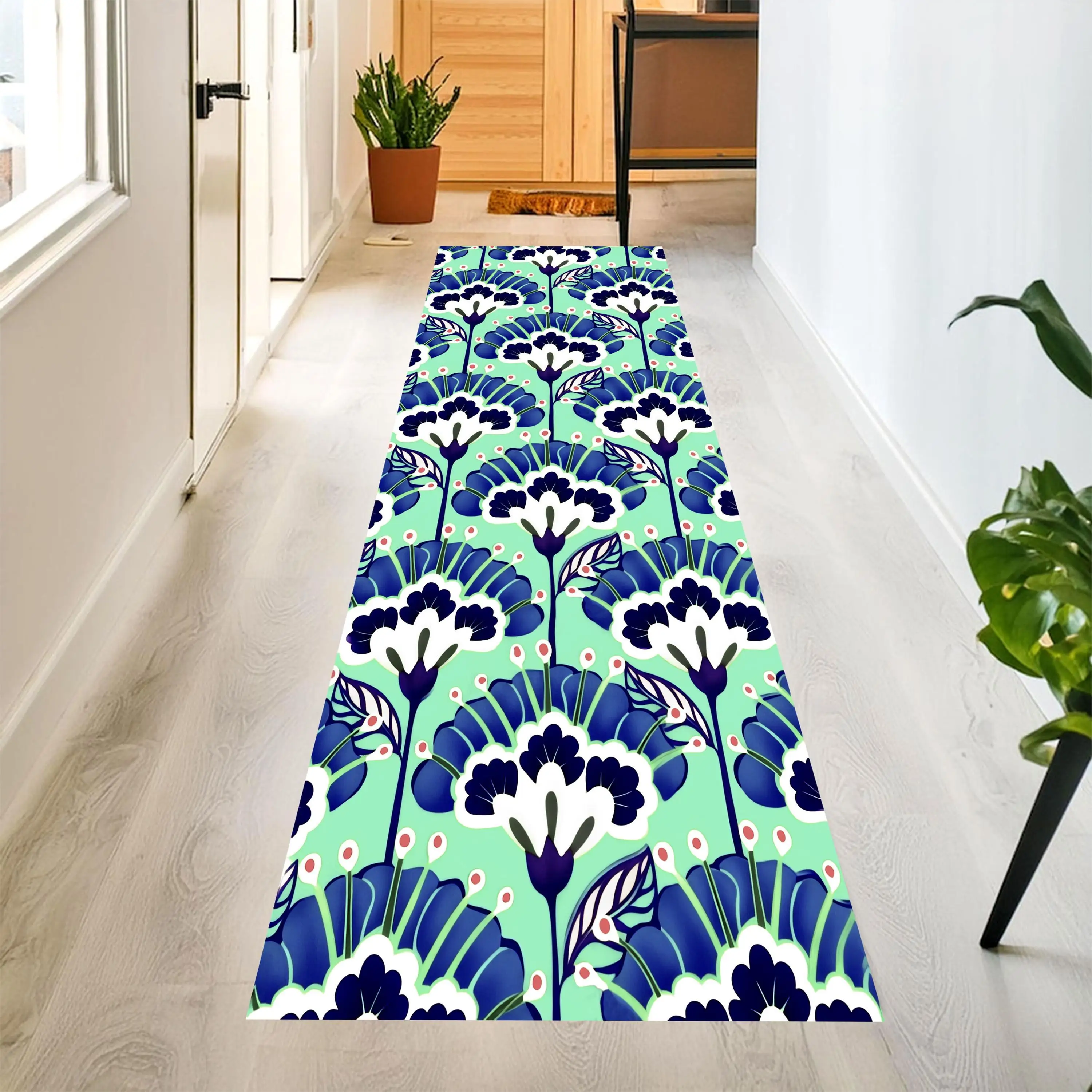 Moon Phase Butterfly Long Runner Rug,star flower print floor mat,kitchen corridor,living room and front door decor