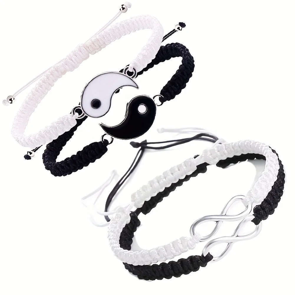 lovers bracelet  Tai Chi Bagua Black and White Yin and Yang Rope Braided Telescopic Adjustment Bracelet for Men and Women Coupl