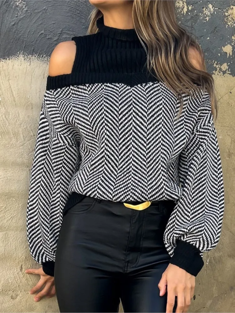 2025 ropa de invierno de punto para mujer, suéter holgado de estilo Simple que combina con todo, jerséis cómodos con hombros descubiertos a rayas