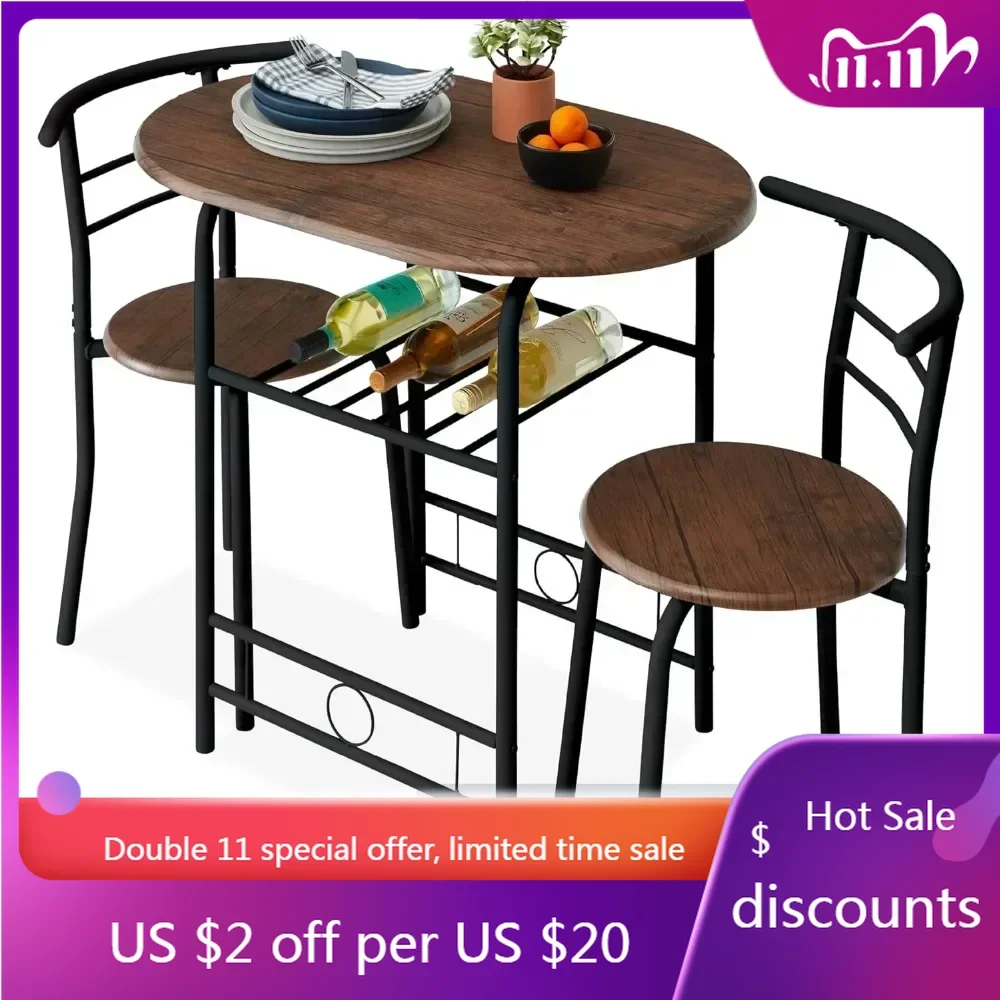 

3-Piece Wooden Round Table & Chair Set for Kitchen, Dining Room, Compact Space w/Steel Frame, Built-in Wine Rack