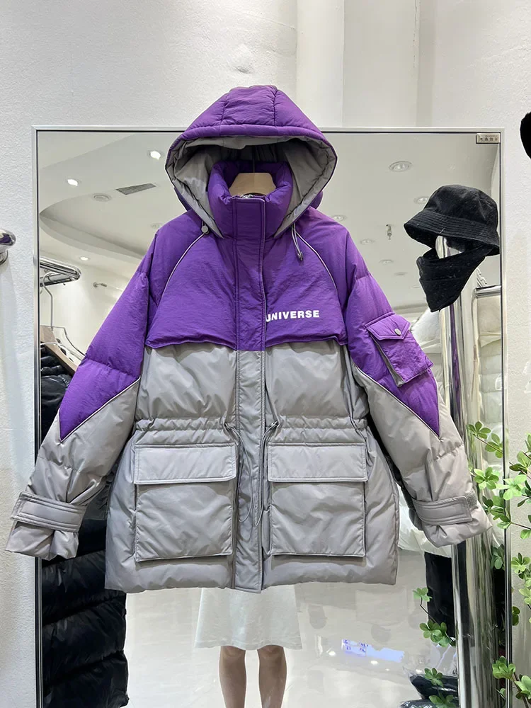 Down Jacket Women 2024 Winter High-end Splicing Color Contrast Hooded Thick Design Sense Thick White Duck Down Cargo Coat Female