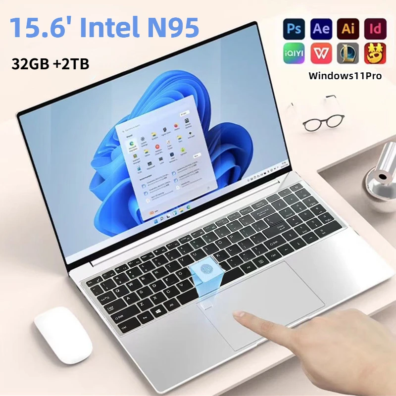 New 15.6 Inch Laptop Intel N95 4K HD 120HZ Screen 32GB+2TB Windows 11 Pro Office Gaming Laptop Fingerprint Unlock PC