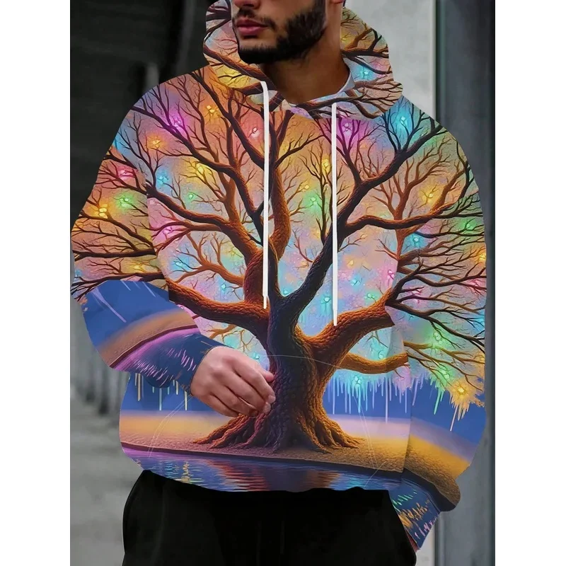 Men Colorful Glowing Life Tree Lake Reflection 3D Print Hoodie Fantasy Nature Graphic Casual Long Sleeve Hooded Sweatshirt