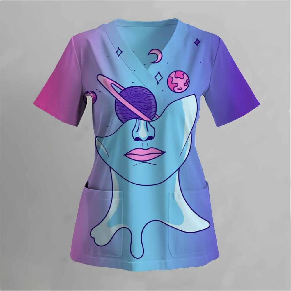 Surgical Uniforms Woman Scrub V-Neck Short Sleeves Tops Women's Medical Uniforms Vet Clinical Uniforms Cute Puppy Cartoon Print