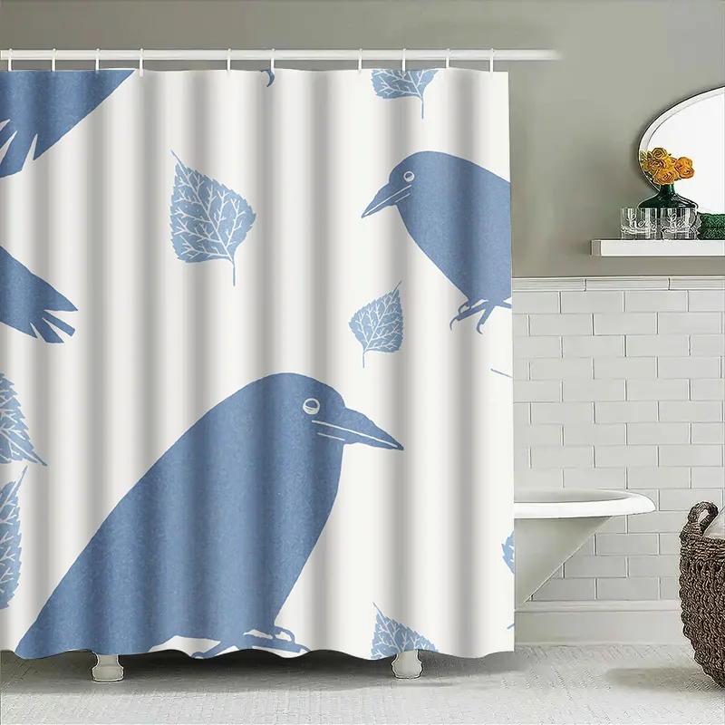 

Blue Bird Leaves Shower Curtain Set Waterproof Bathroom Decor Home Decoration White Bath Mat Included
