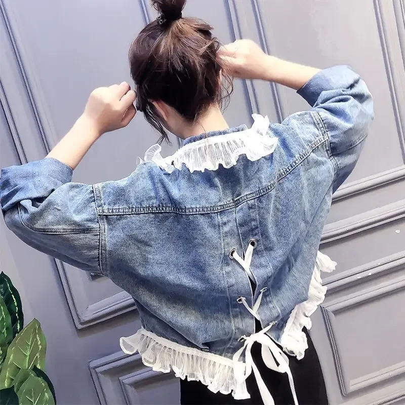 Denim Jackets Women Patchwork Y2k Coat Letter Distressed Washed Single Breasted Turn Down Collar Outerwear Streetwear Autumn