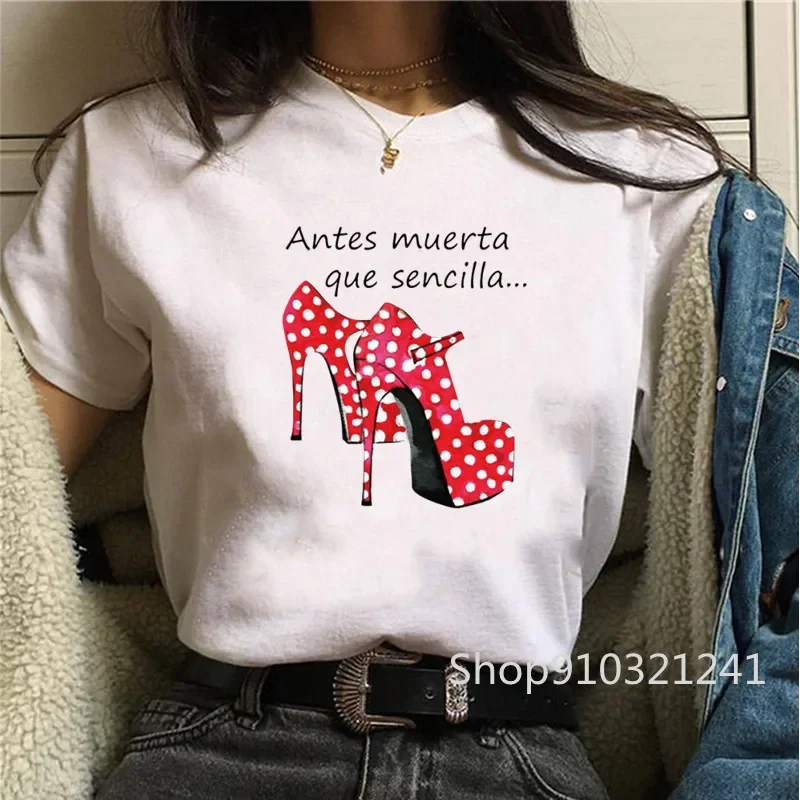 Women T-shirts Harajuku Tops Shirts Short Sleeve High Heel Print Flamengo dance Tees Cartoon Graphic Female O-neck shirt Clothes