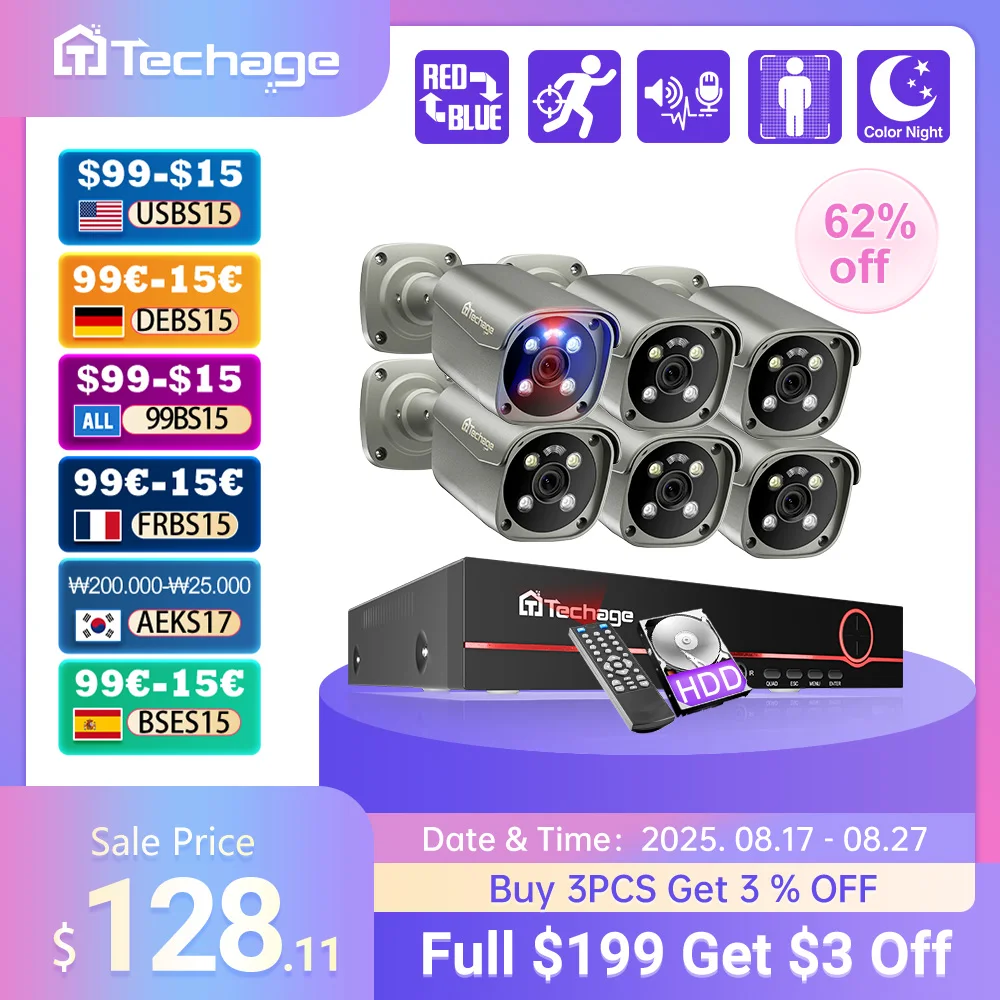 

Techage 8CH 4K UHD 8MP Система камер H.265 PoE NVR Комплект наружного видеонаблюдения AI Обнаружение человека Двустороннее разговора Набор видеонаблюдения