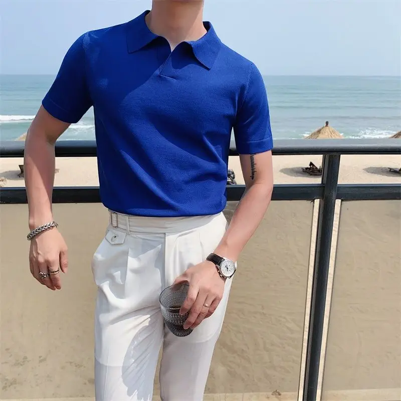 Summer Men's Clothing Thin Sweater Knitted Solid Color Short Sleeve Pullover T-shirt Turn-down Collar Trendy Screw Thread Tops