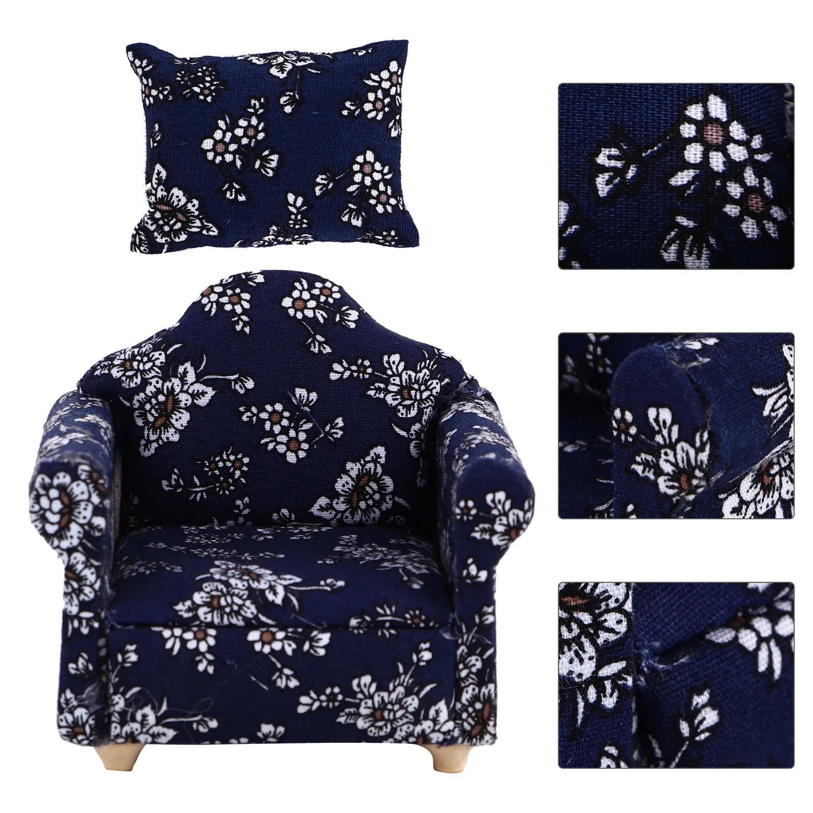 

Синий мини-диван с цветочным узором для кукольного домика и миниатюрного декора дома, премиум-материал, не деформируется, комфортная поверхность, романтический дизайн