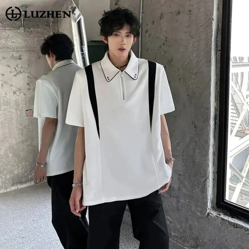 LUZHEN 2026 Summer Color Contrast Shoulder Pad Short Sleeve T-shirts Men's Trendy Handsome Loose Casual Male Tops Clothes JY7422