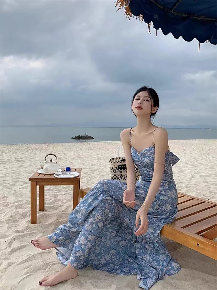 Seksowna Sukienka na Ramiączkach z Wycięciami Damska Letnia Vintage Kwiatowa Sukienka z Odkrytymi Ramionami Plisowana Y2K Sukienki na Cienkich Ramiączkach Wakacje na Plaży Vestidos