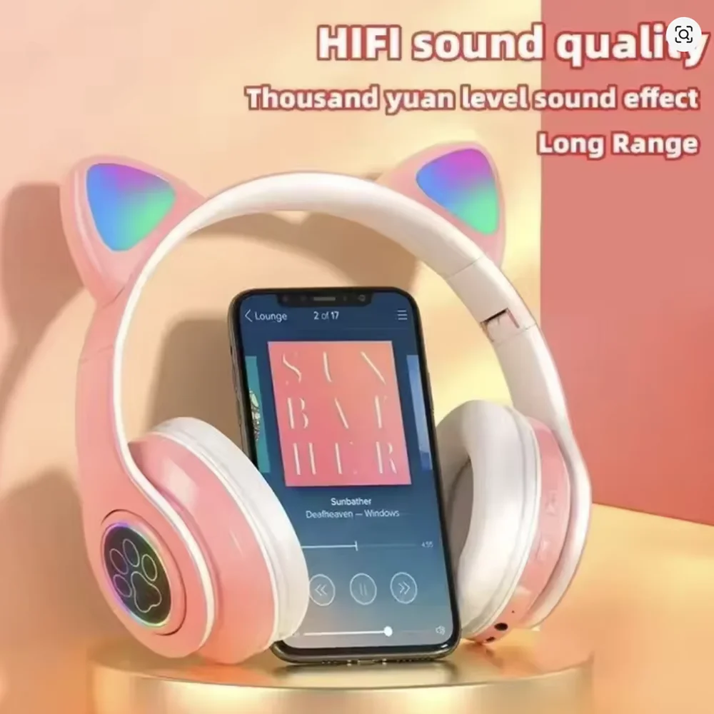STN28 Cute Cat Ear Bluetooth Headset with LED Wireless Headset Children Girls Stereo Folding Sports Headset with Microphone image 3