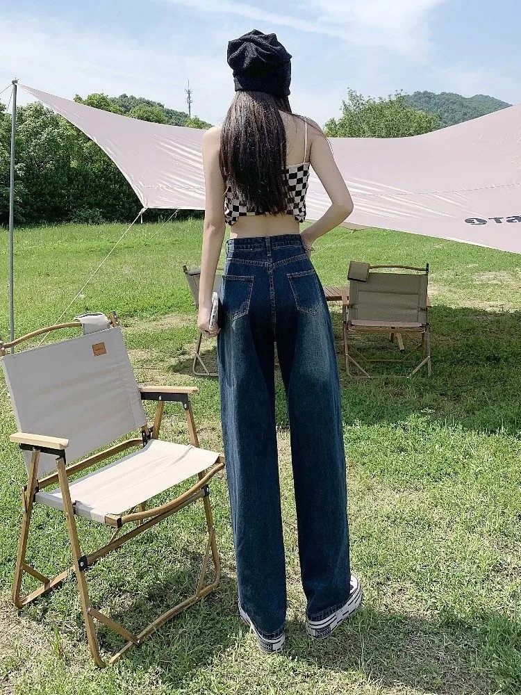 

Long Jeans Women'S Straight Classic Stacked Ruffle Pleated Draped Split Slit Asymmetric Detail Side Female Clothing Denim