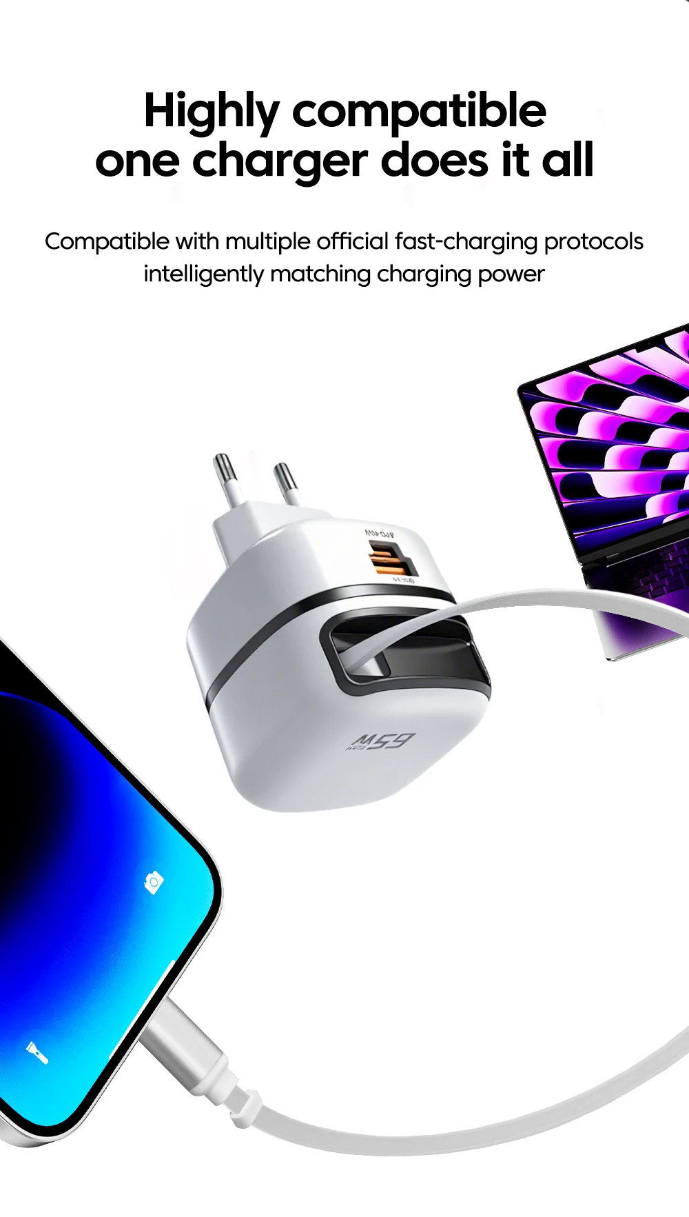 Cargador de carga rápida de 65W, adaptador de corriente para teléfono móvil con cable tipo C retráctil para iPhone 16, 1