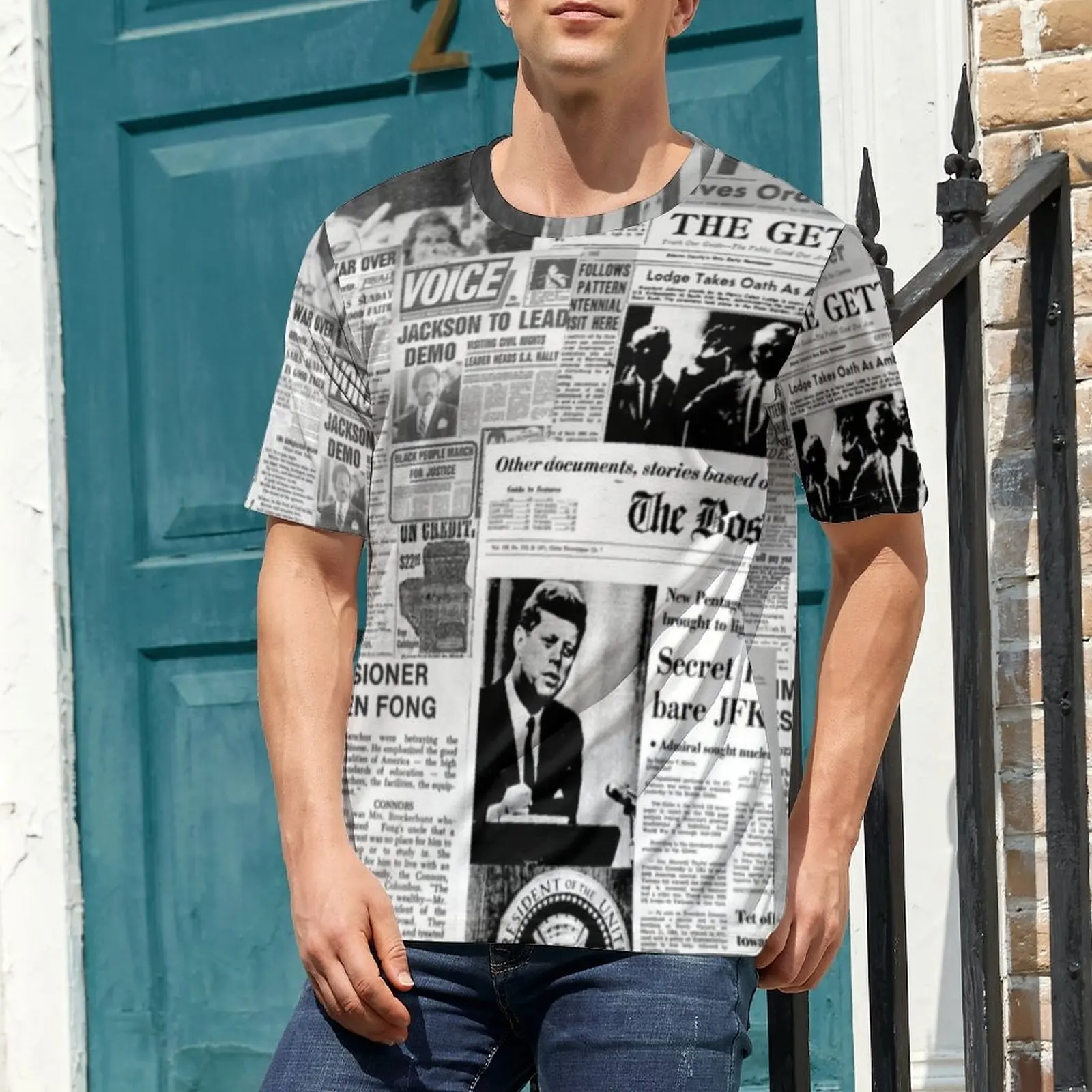 Newspaper Collage T Shirt For Man Old American Newspapers Print O Neck T Shirts Summer Hip Hop Tops Short Sleeve Oversized Tees