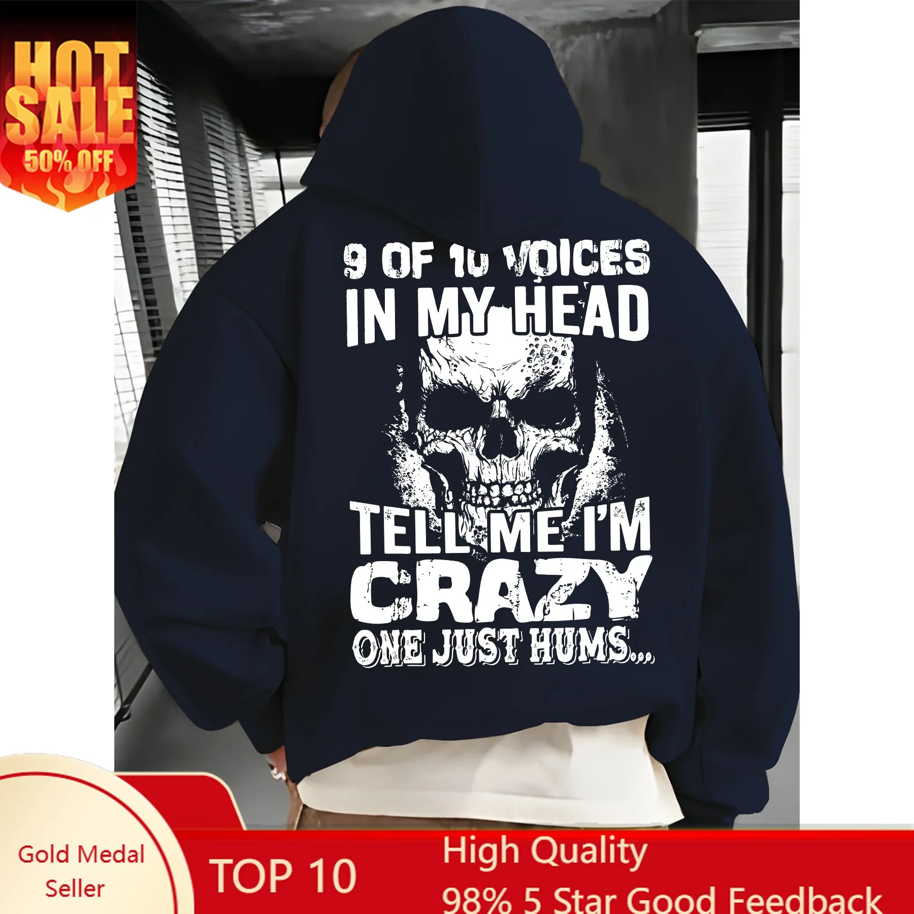 Felpa con cappuccio grafica con teschio e testo audace da uomo - Pullover casual blu navy con tasca a marsupio e cappuccio con coulisse regolabile, 9 voci D