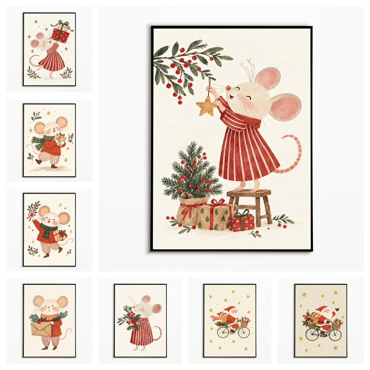 1PC,Watercolor Wall Art Cute Christmas Mouse Posters Winter Canvas Painting Home Gifts Cozy Room Wall Decor Gallery Wall Prints